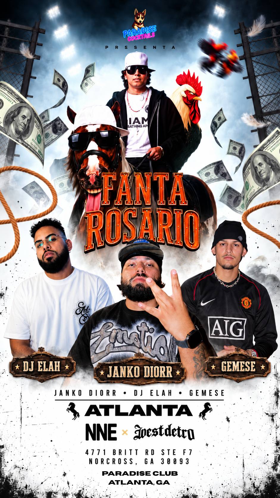 Flyer oficial: Fanta Rosario, DJ Elah, Janko Diorr y Gemese — Paradise Club, Atlanta
